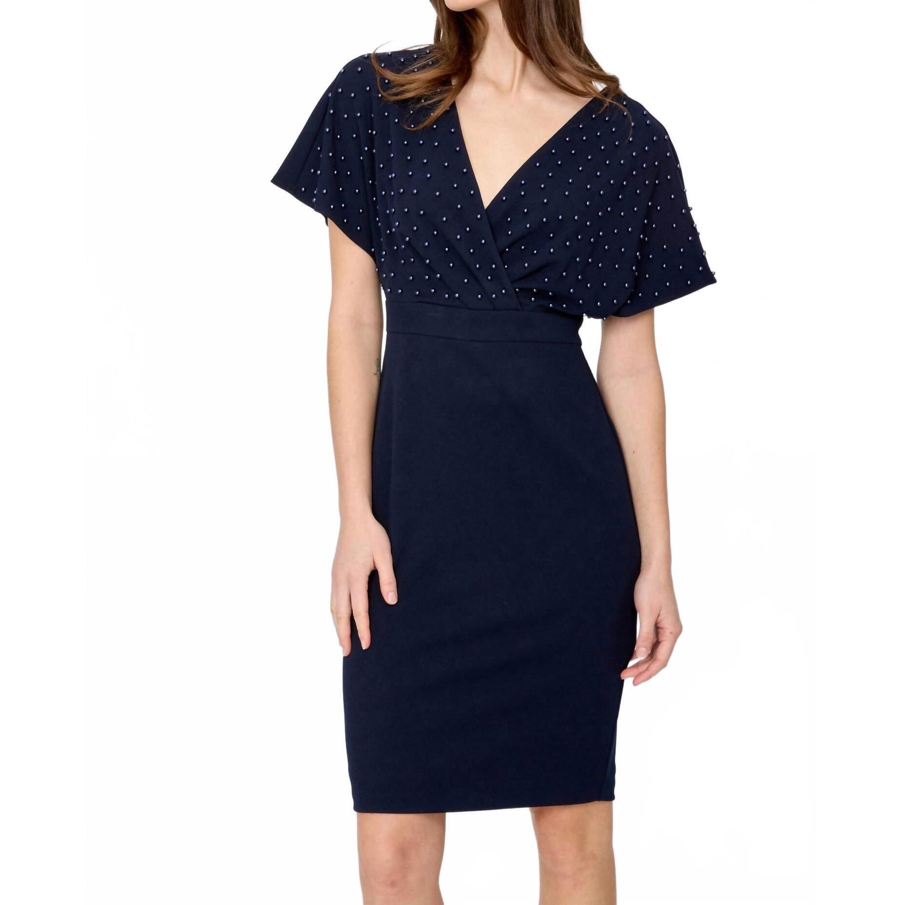 New Joseph Ribkoff Pearl Bodice Wrap Front Dress In Midnight Blue